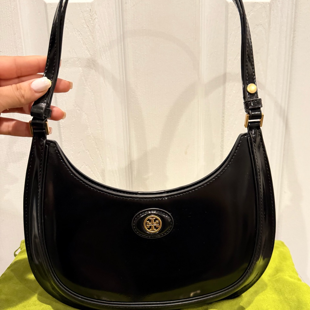 Tory Burch Black Leather Crescent Shoulder Bag With Gold Logo